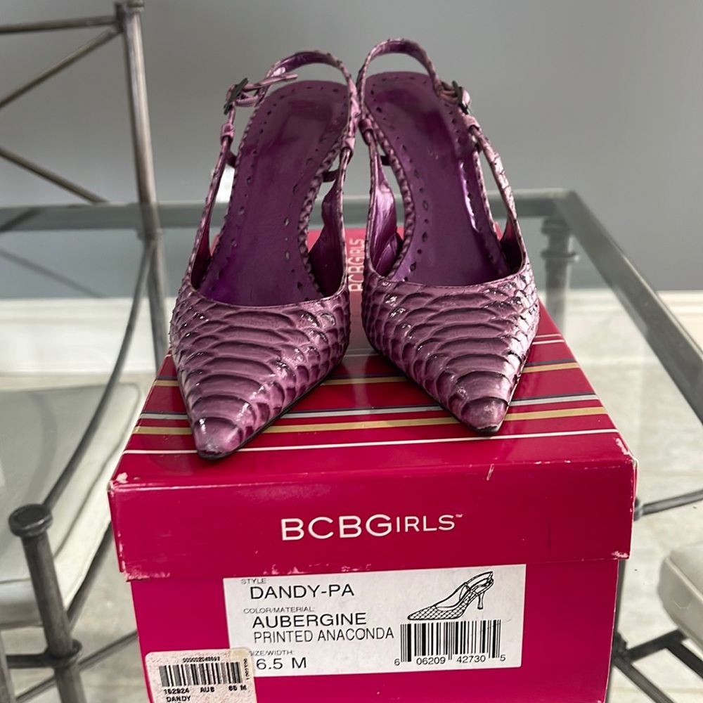 BCBGirls 6.5 eggplant/aubergine anaconda print sling back  pointy toe heel.